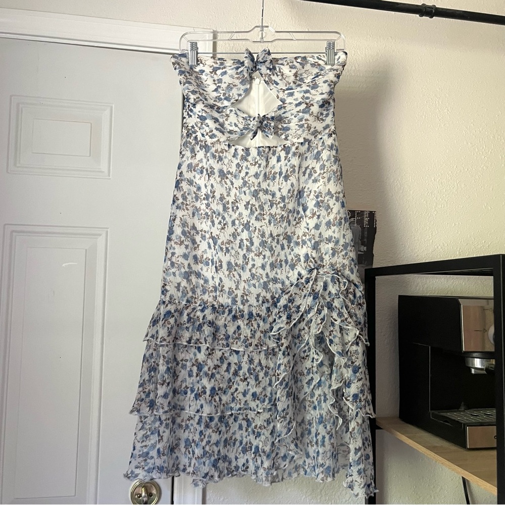 MAJORELLE Revolve blue white floral gauze strapless cutout bow tie midi dress